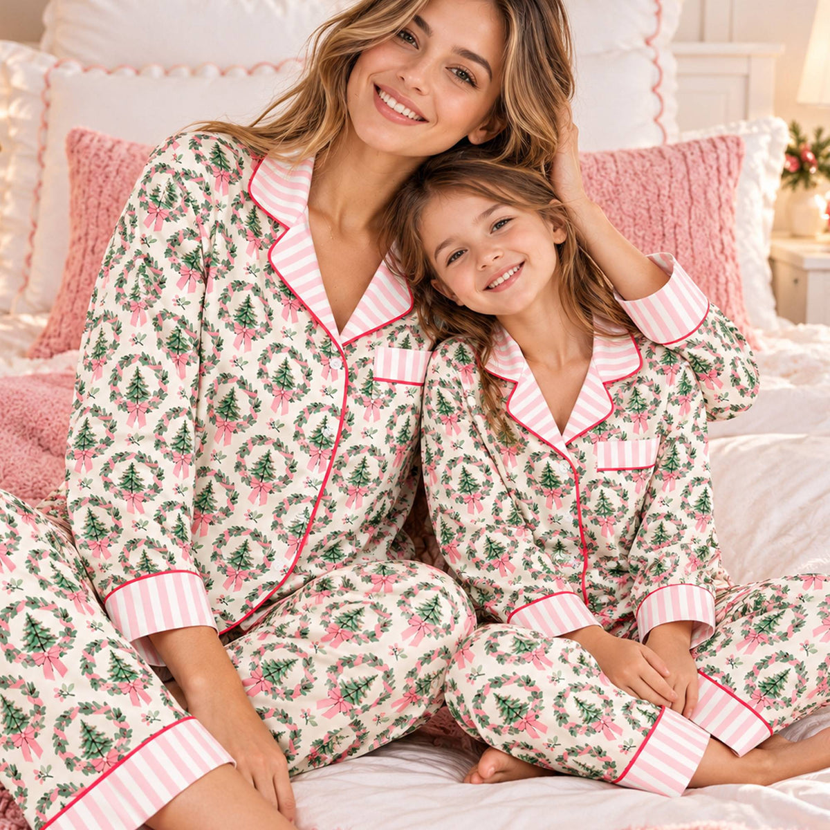 Family wearing matching holiday pajamas with trees and pink bows, lifestyle view