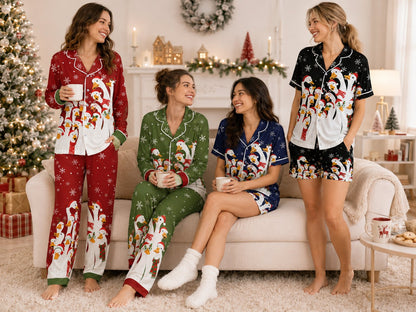 Family wearing their matching family christmas pajama set featuring festive ducks