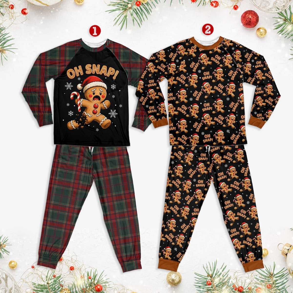 Family wearing matching christmas pajamas for family with Oh Snap gingerbread man design, lifestyle view