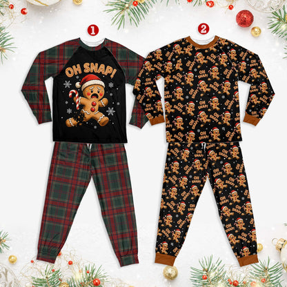 Family wearing matching christmas pajamas for family with Oh Snap gingerbread man design, lifestyle view