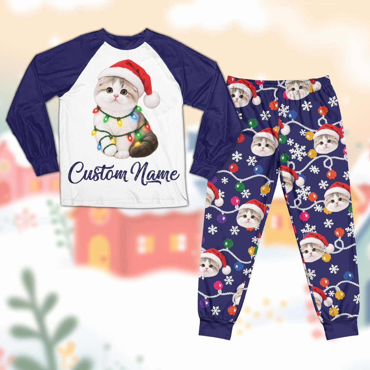 Navy blue christmas pajama set featuring a cat in a Santa hat and string lights, front view