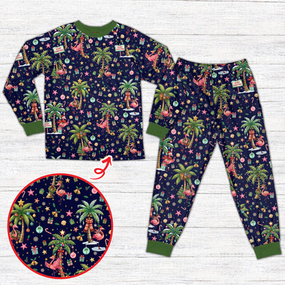 Navy blue matching xmas family pajamas with flamingo and palm tree design, front view