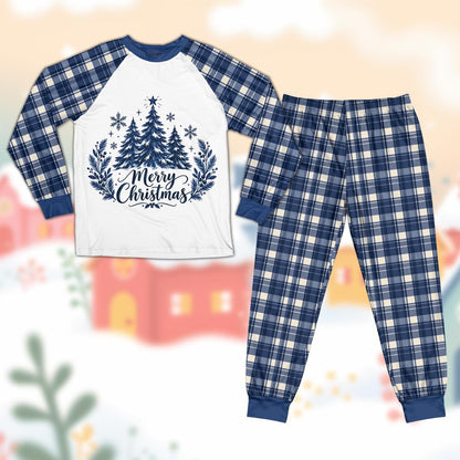 Navy matching family christmas pajama set featuring pine trees and Merry Christmas script