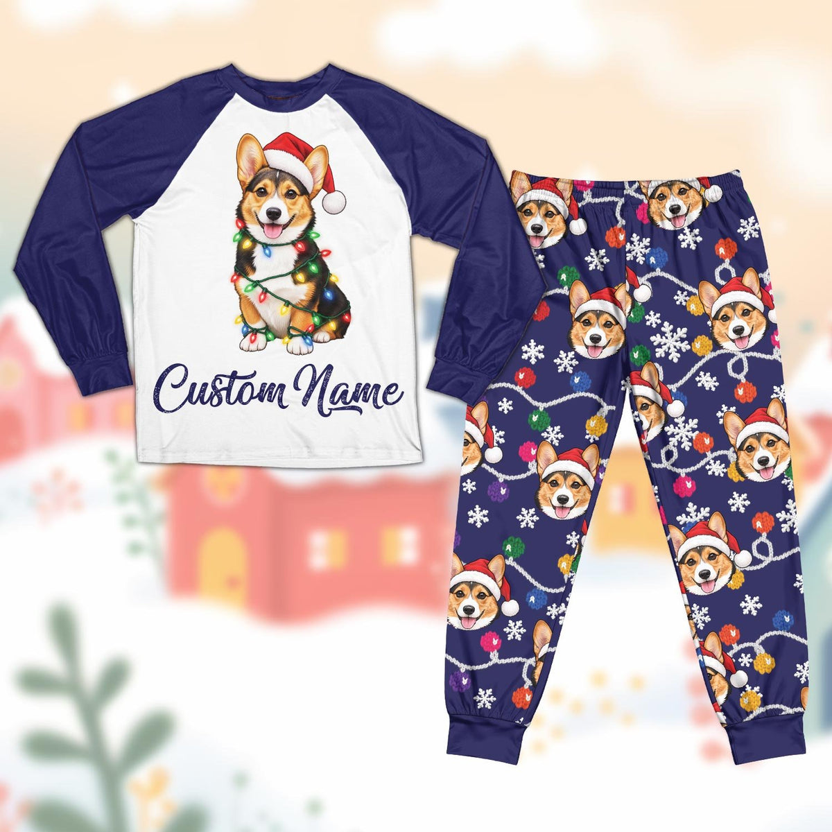 Personalized navy blue matching christmas pajamas for family, front view