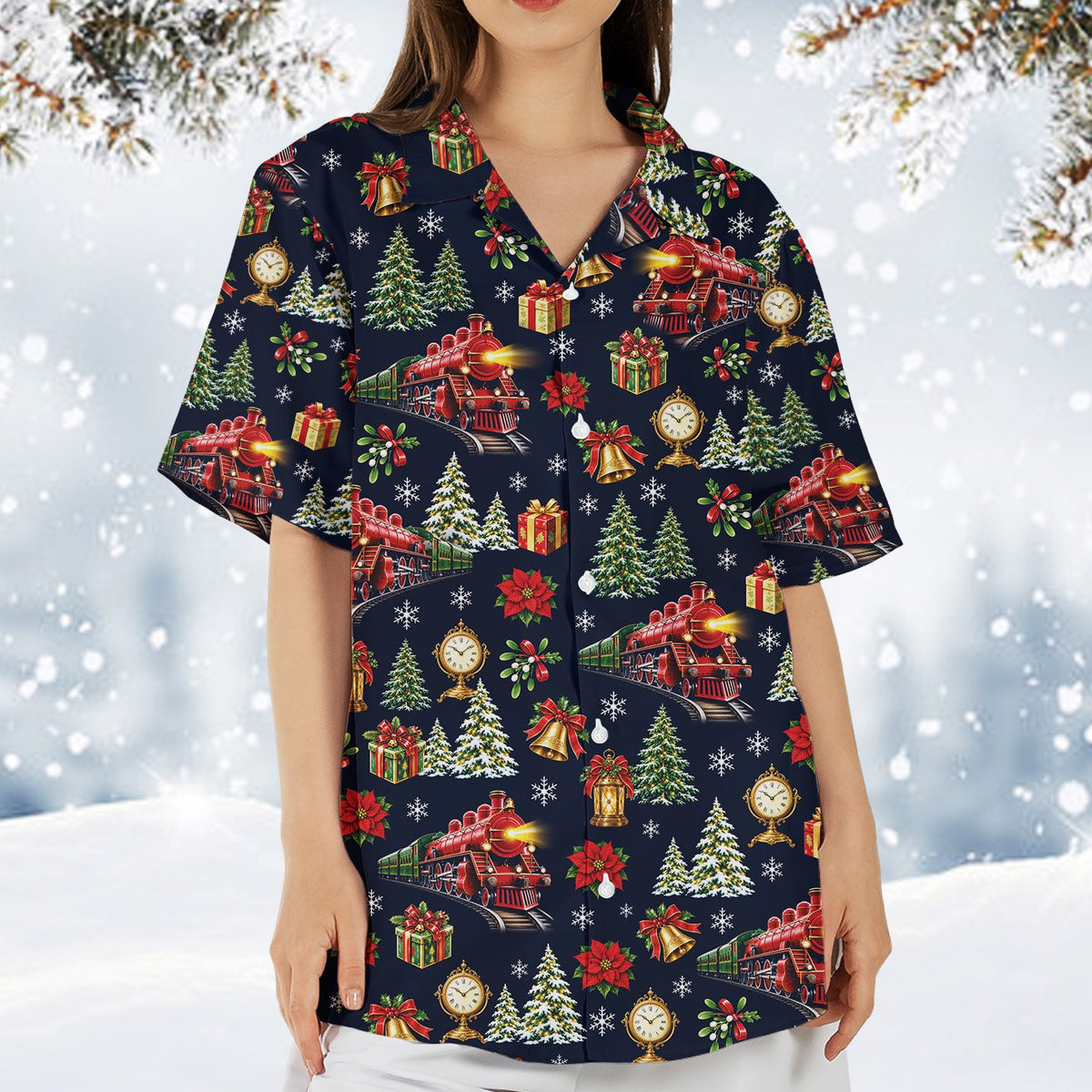 Another front view of the holiday train matching family pajamas