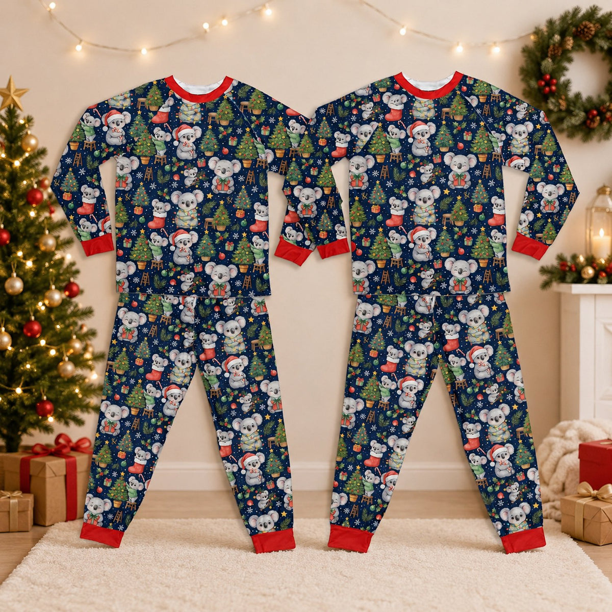 Front view of the navy christmas pajama set bottom with holiday koalas