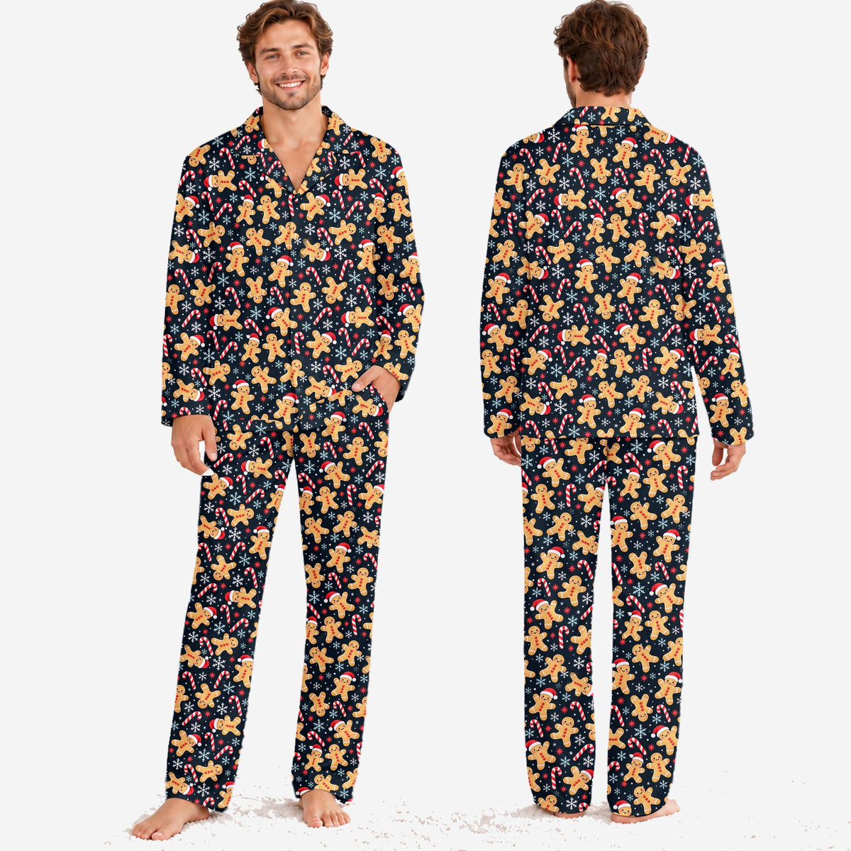 Festive holiday matching family pajama set, close up front view