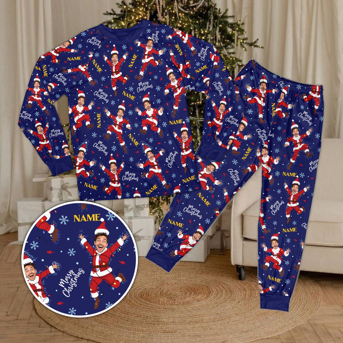 Navy matching xmas family pajamas with custom name, front view