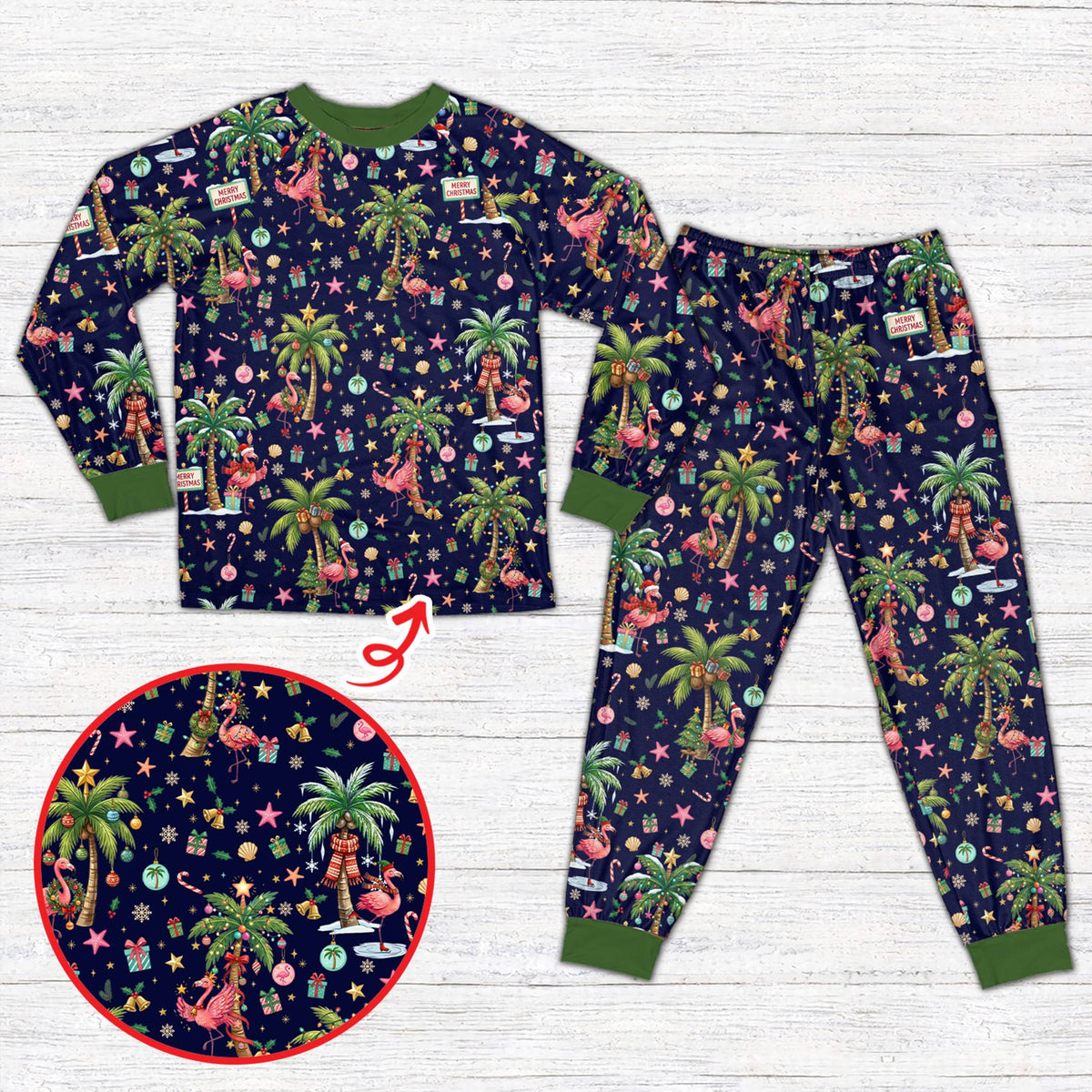 Navy blue family matching holiday pajamas featuring Santa flamingos, front view