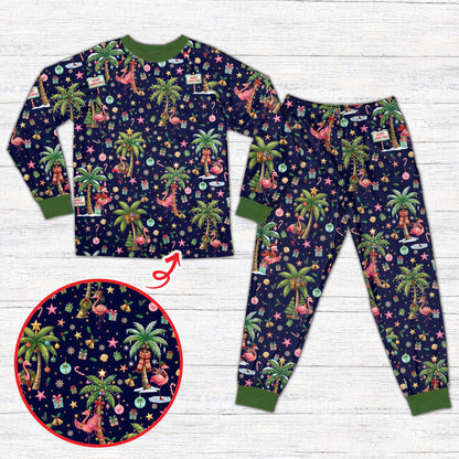 Navy blue family matching holiday pajamas featuring Santa flamingos, front view