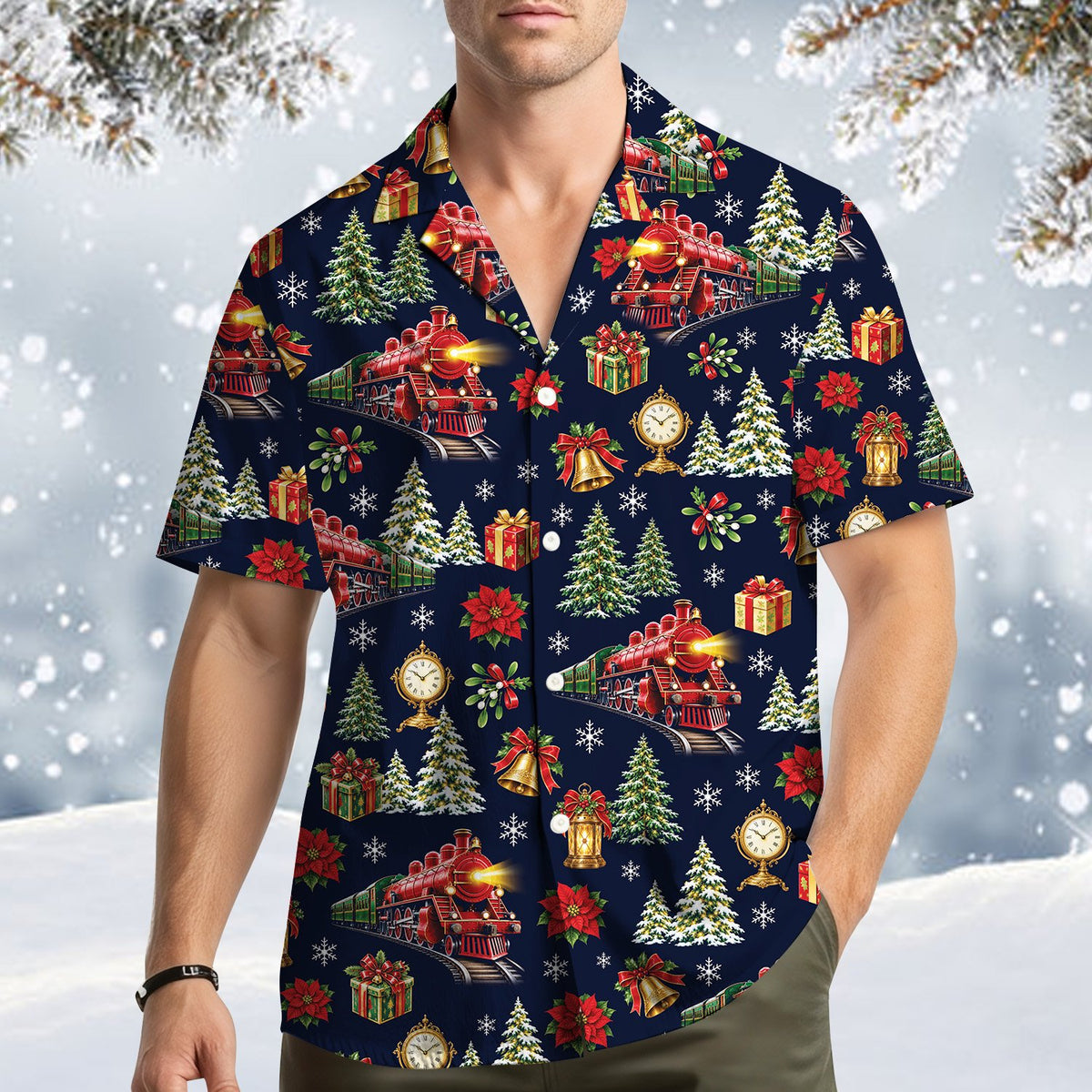 Matching family christmas pajama set in navy with holiday trains, main view