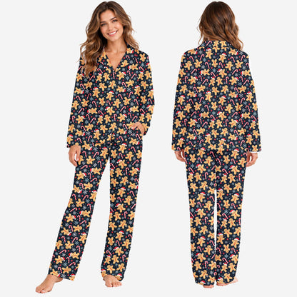 Navy christmas pajama set front view with red candy cane details