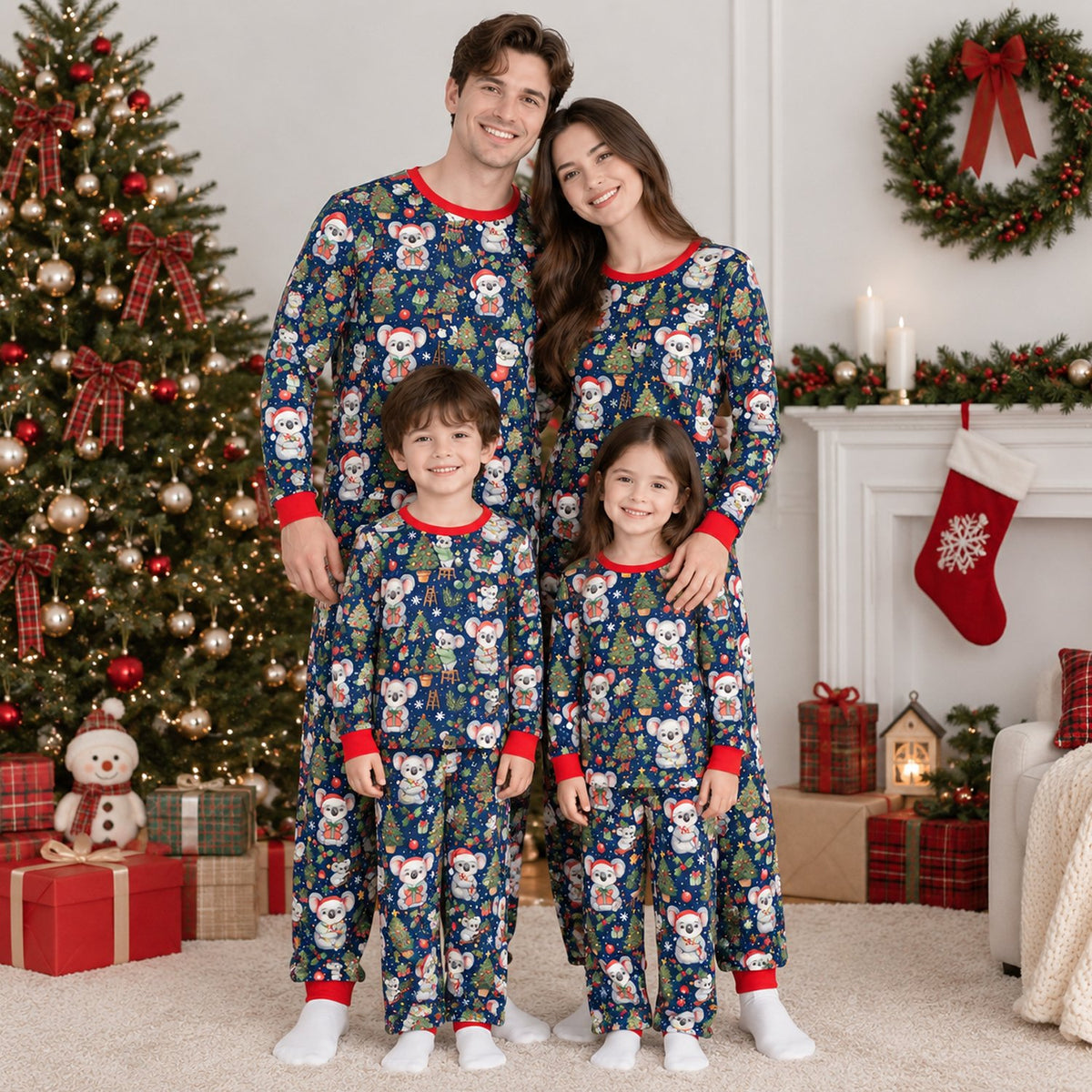 Lifestyle view of a family wearing the matching koala holiday pajamas