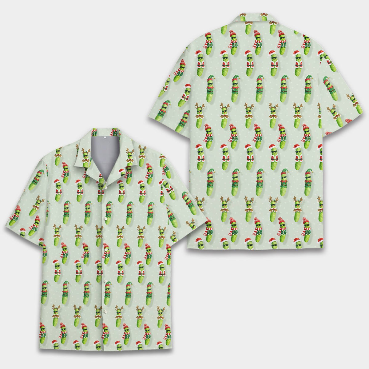 Family matching holiday pajamas in light green with Christmas pickle design, front view detail