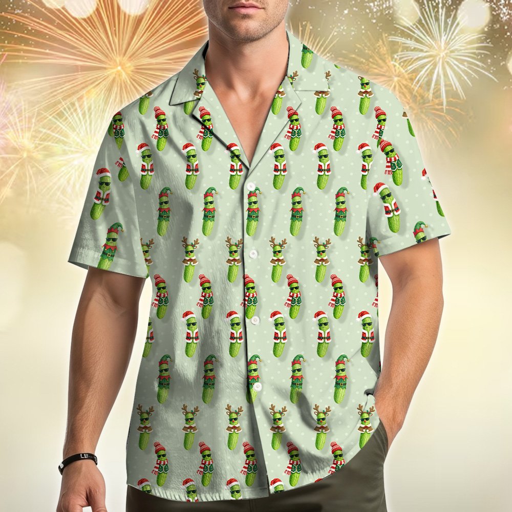 Close up of the festive pickle pattern on the light green pajama set, front view