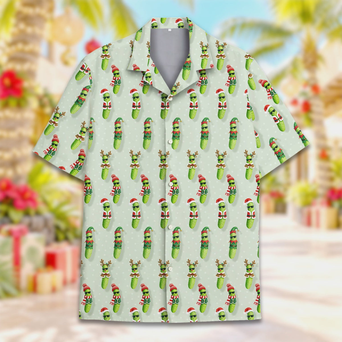 Another front view of the light green pajama top with Christmas pickles
