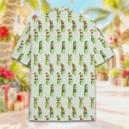 Light green christmas pickle pajama set featuring cartoon pickles in festive holiday gear, main view