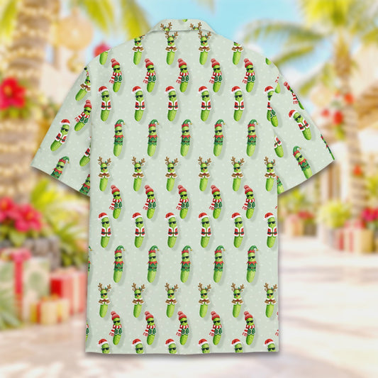 Light green christmas pickle pajama set featuring cartoon pickles in festive holiday gear, main view