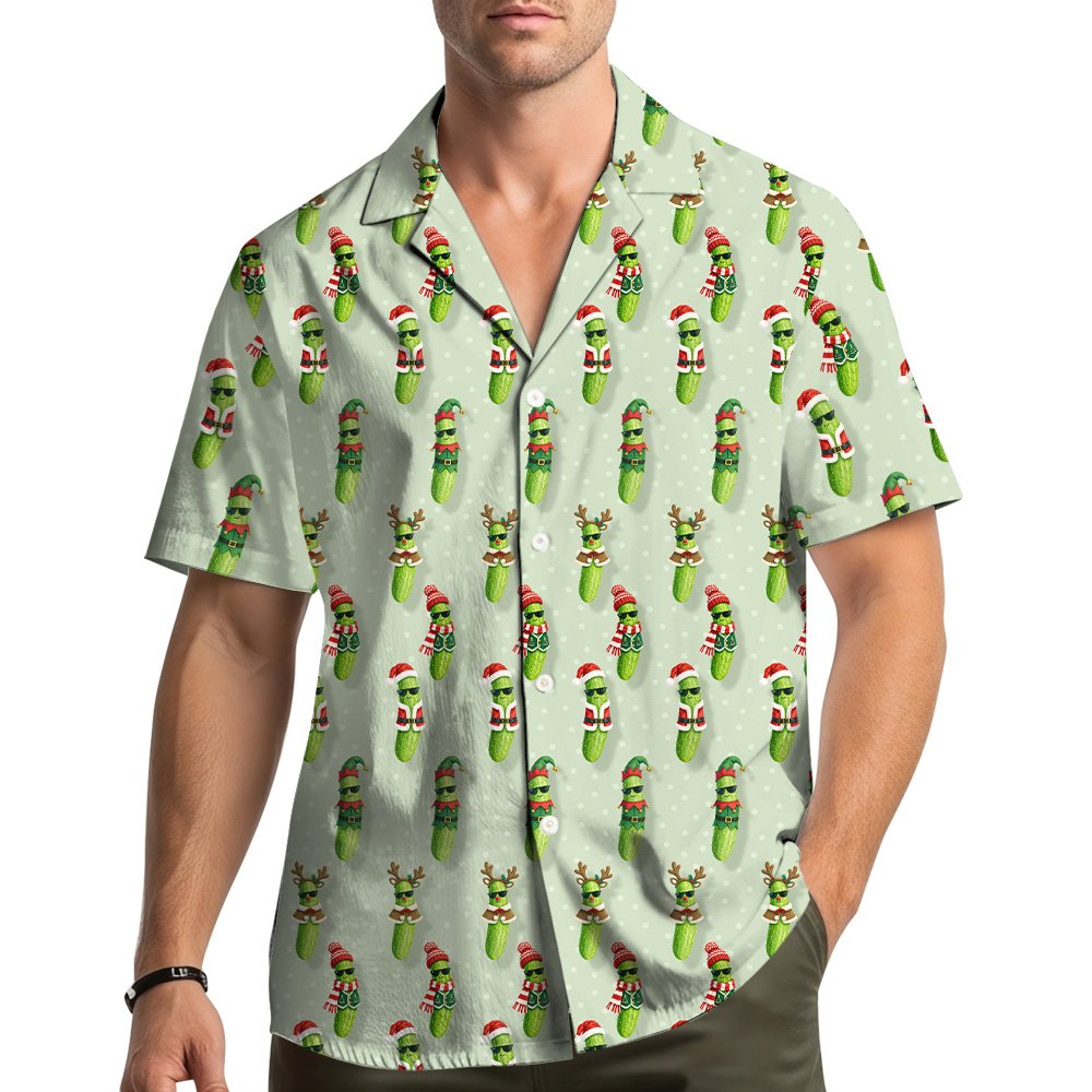 Family wearing the light green christmas pickle pajama set, lifestyle view