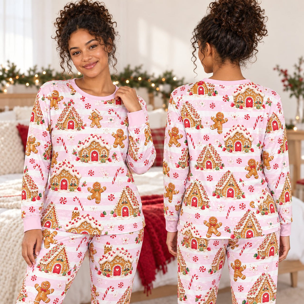 Pink and white striped christmas pajama set with gingerbread design for family matching
