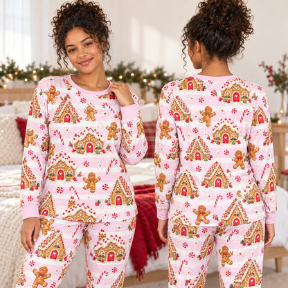 Pink and white striped christmas pajama set with gingerbread design for family matching
