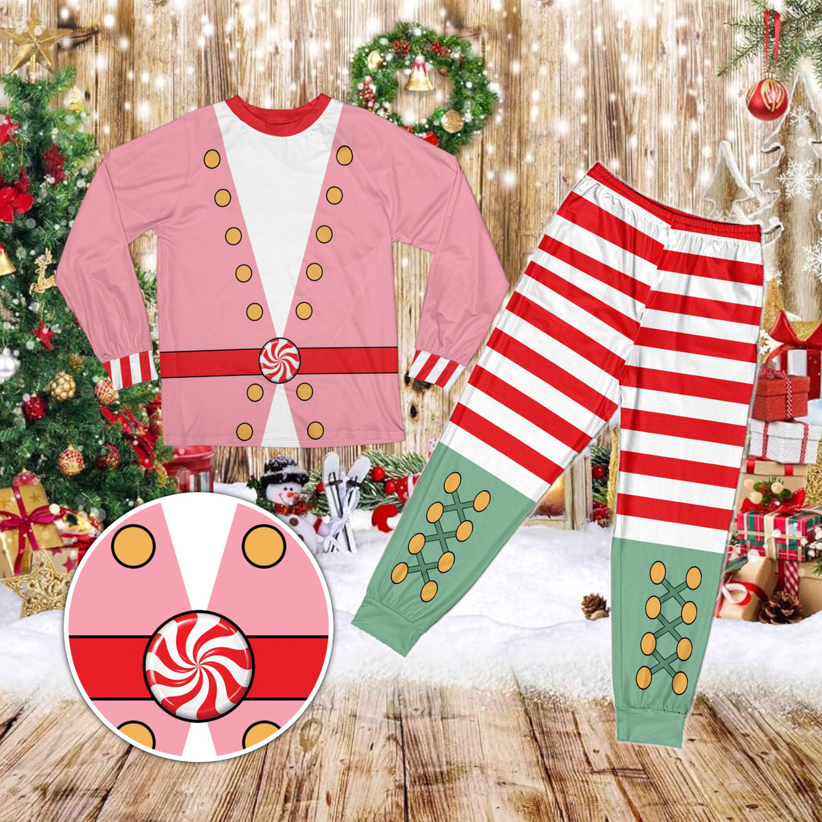 Pink elf and candy costume printed christmas pajama set, front view