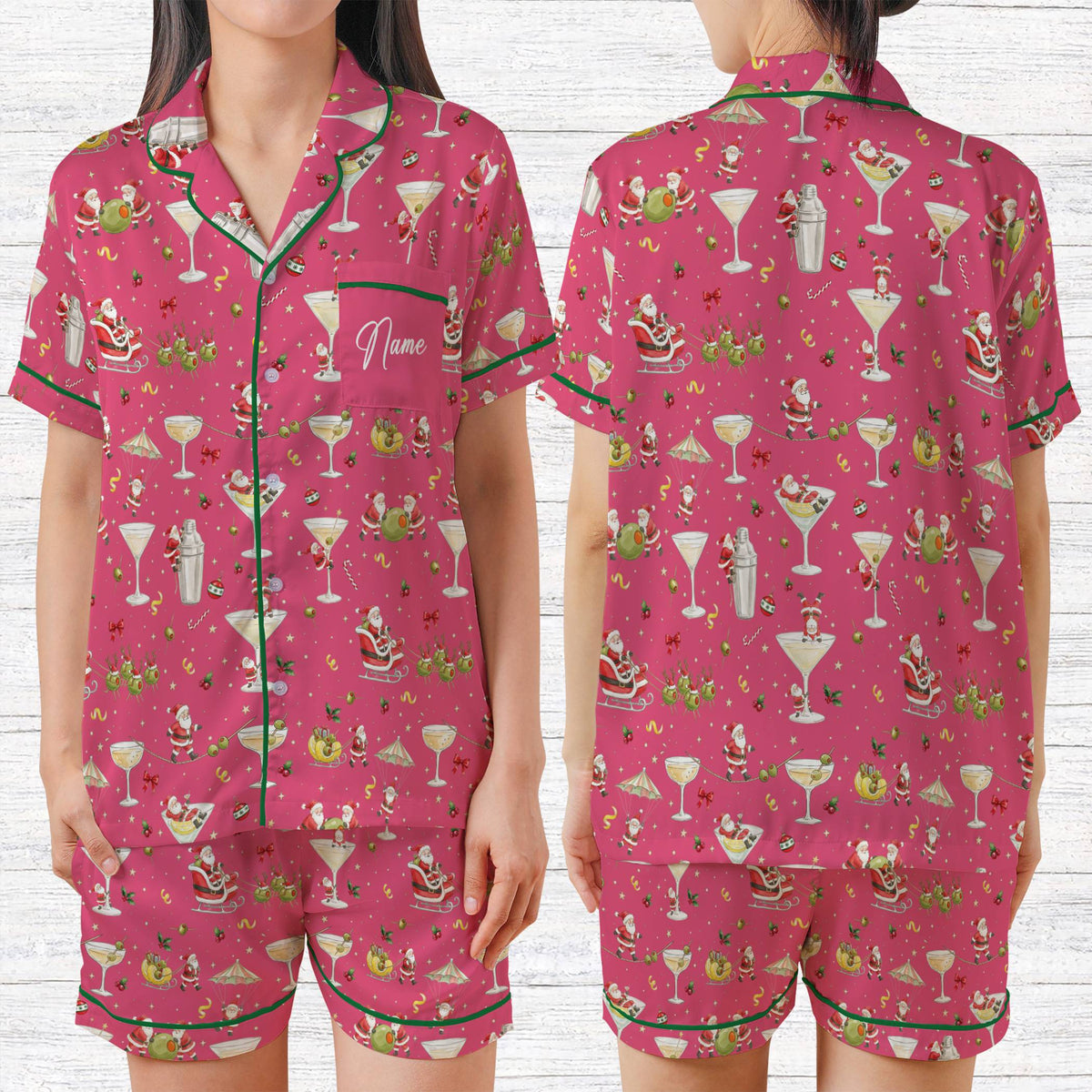 Pink matching xmas family pajamas featuring playful Santa design
