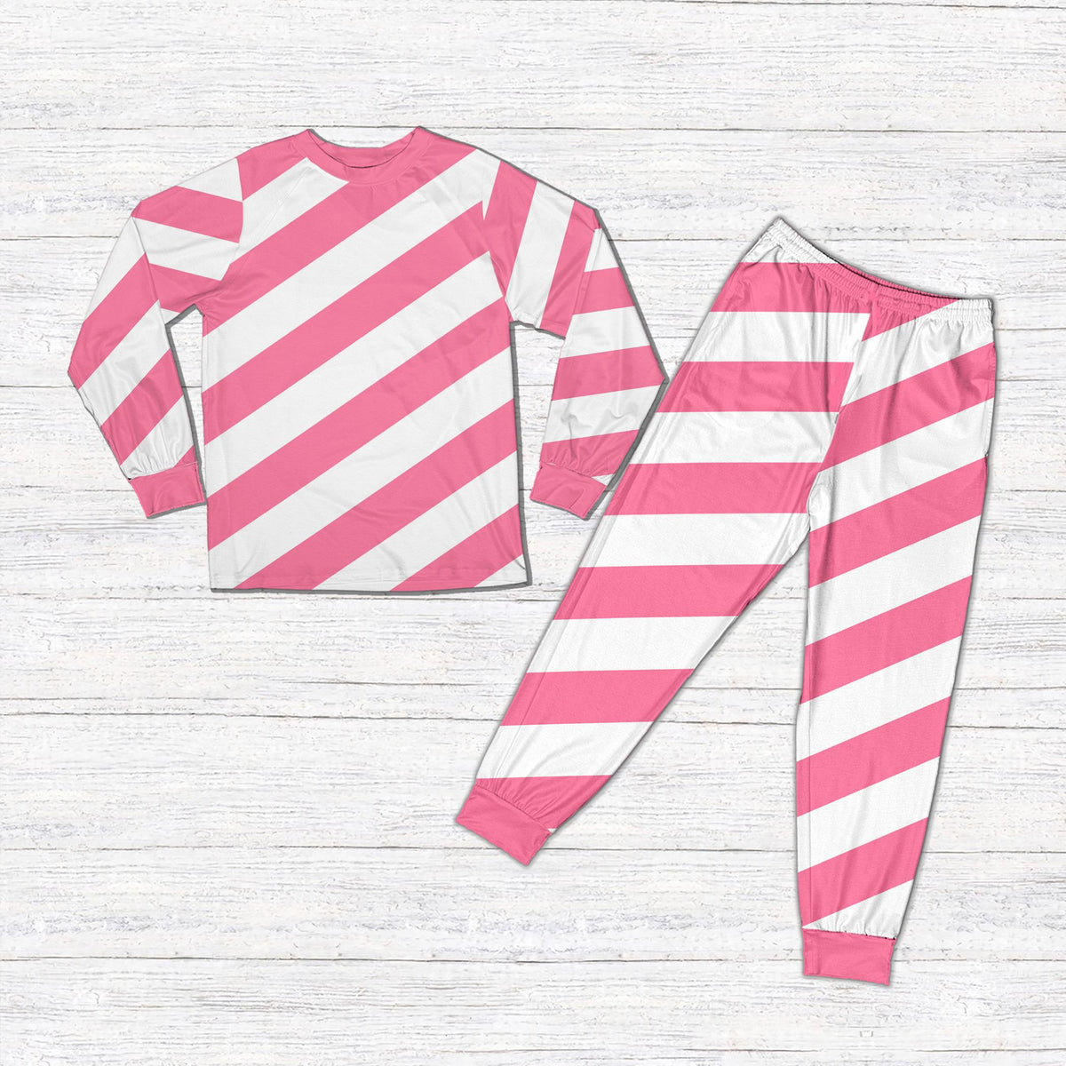 Pink candy cane striped pajama set, front view