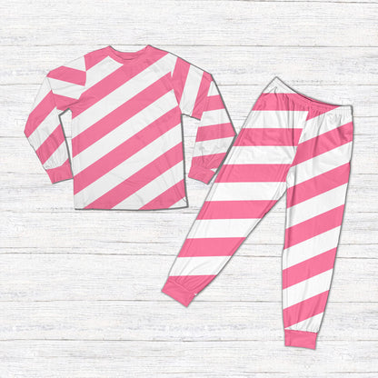 Pink candy cane striped pajama set, front view