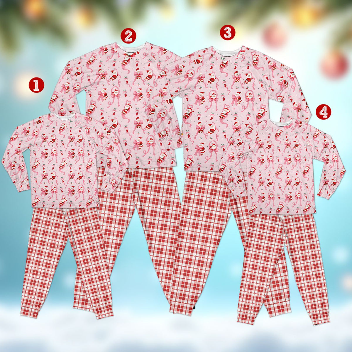 Close-up front view of the red and white plaid pajama bottoms