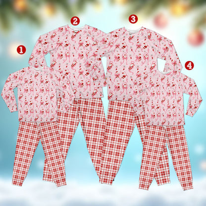 Close-up front view of the red and white plaid pajama bottoms