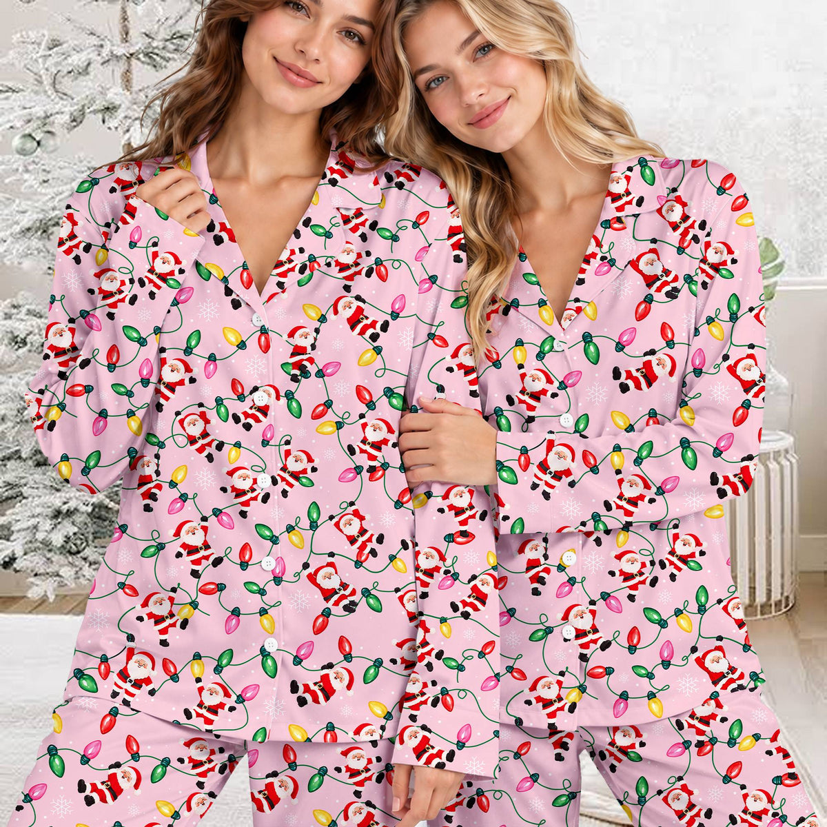 Front view of the pink family matching holiday pajamas