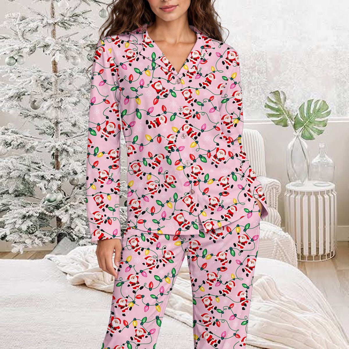 Front view of the pink matching xmas pajamas family set