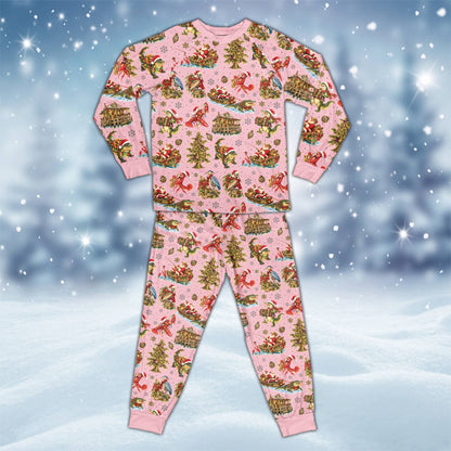 Pink holiday matching family pajamas with Cajun Christmas theme, front view