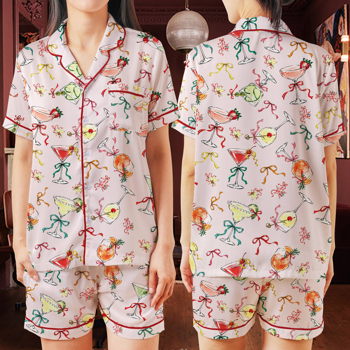 Full view of the holiday cocktail matching family pajamas in pink