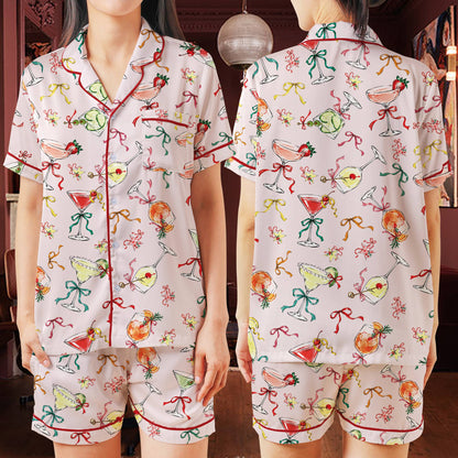 Full view of the holiday cocktail matching family pajamas in pink