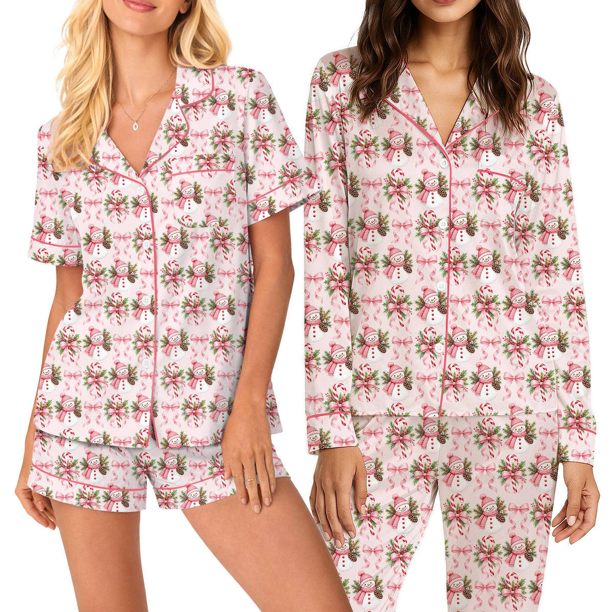 Front view of the matching family holiday pajama set in pink