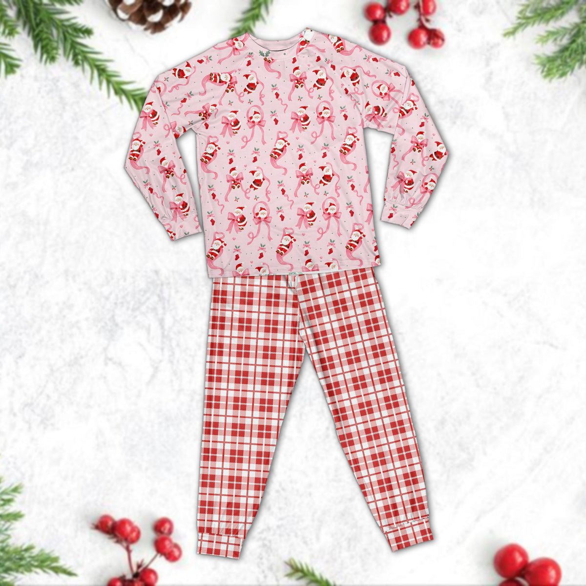 Front view of the pink Santa christmas pajama set top