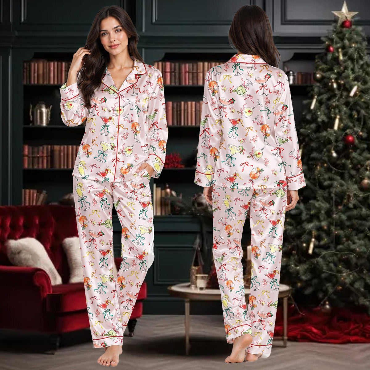 Matching christmas pajama set featuring watercolor holiday cocktails on a pink background, main view