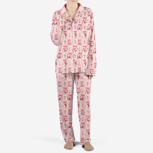 Pink Santa and bow patterned christmas pajama set, front view