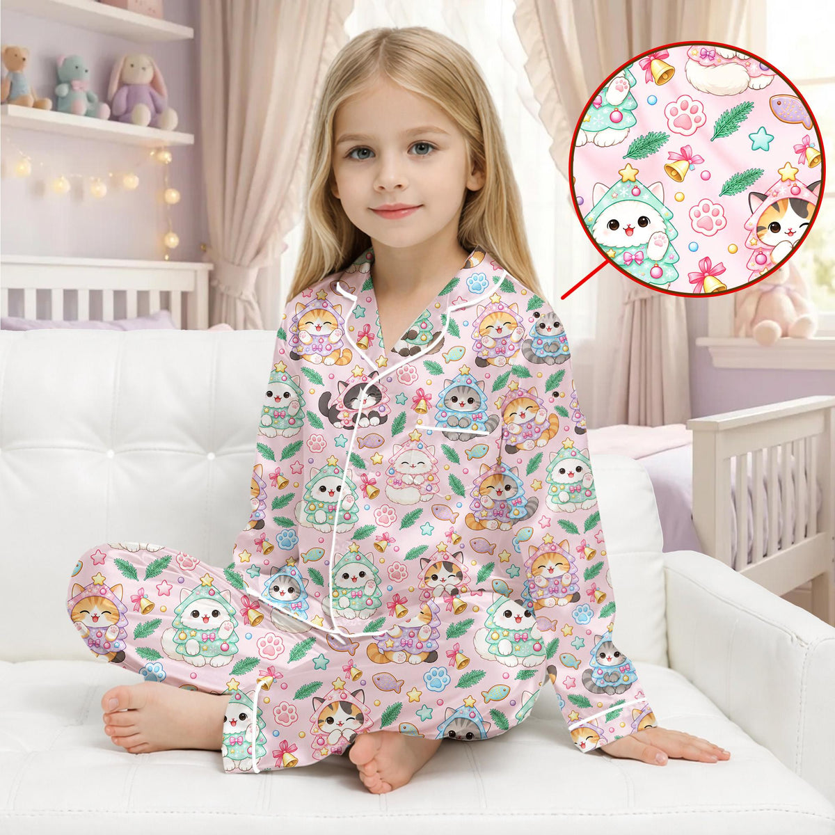 Another lifestyle view of the matching family outfits with the festive cat print