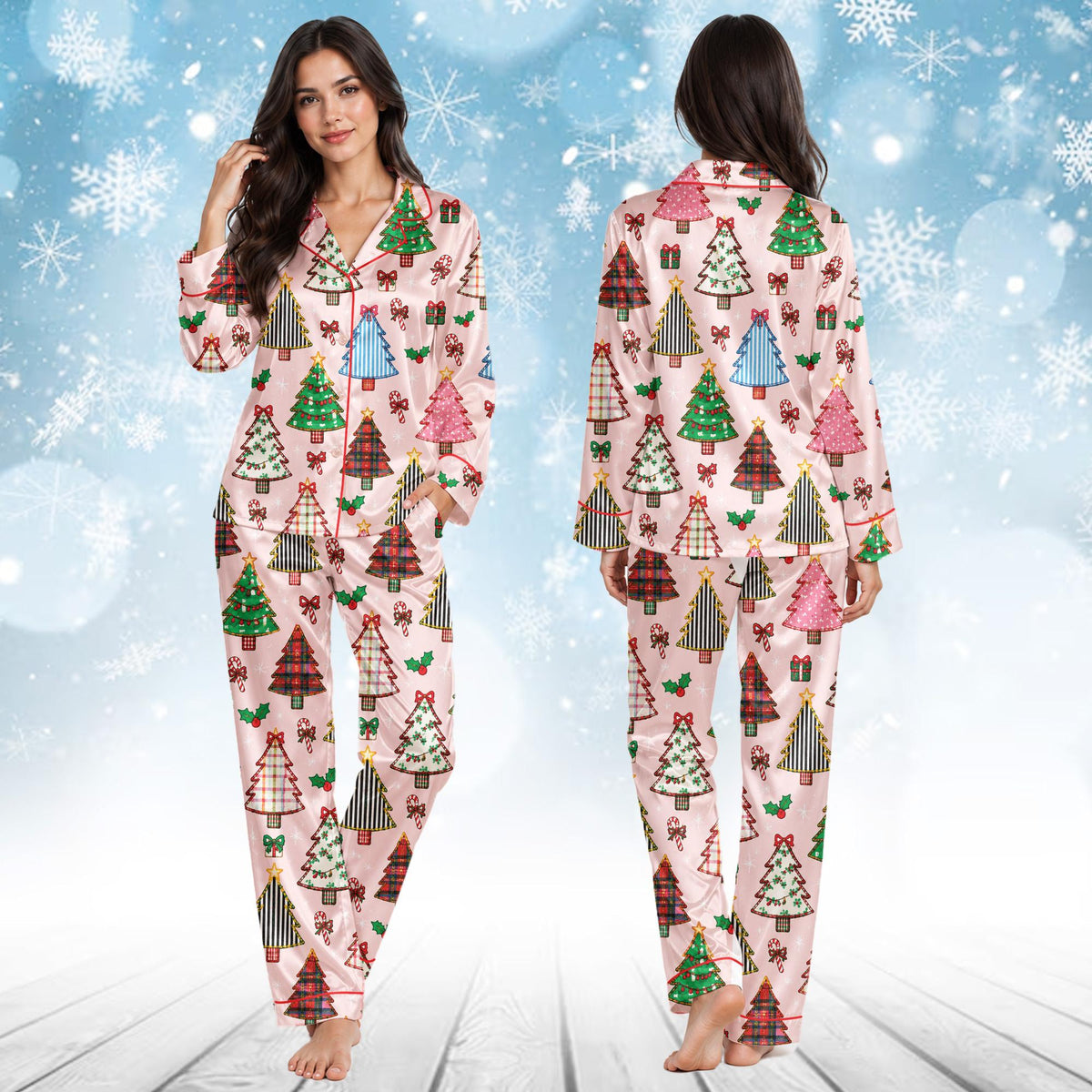 Third lifestyle view highlighting the vibrant pink colors and festive tree patterns
