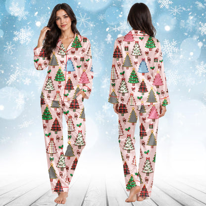 Third lifestyle view highlighting the vibrant pink colors and festive tree patterns