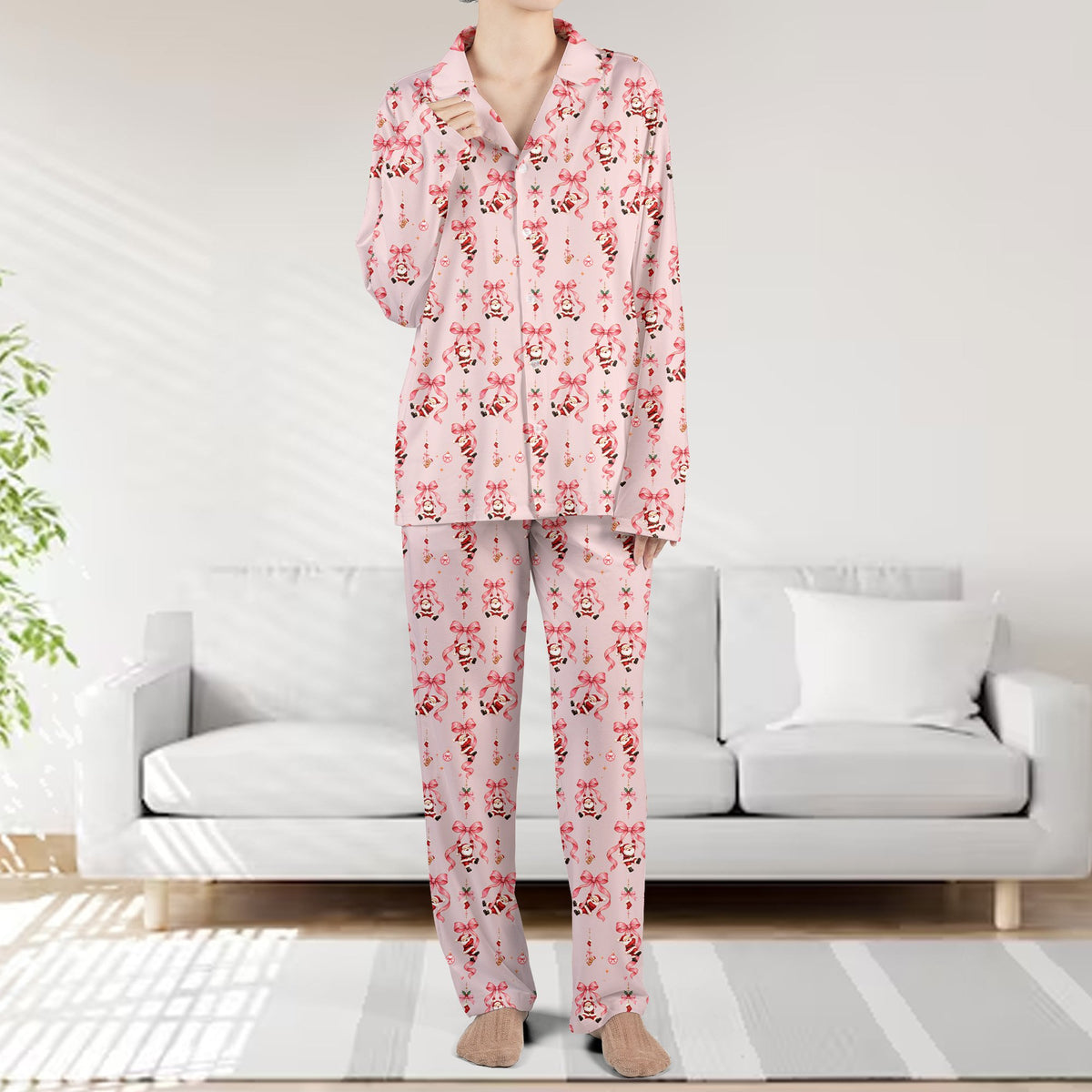 Another lifestyle view of the pink christmas pajama set in action