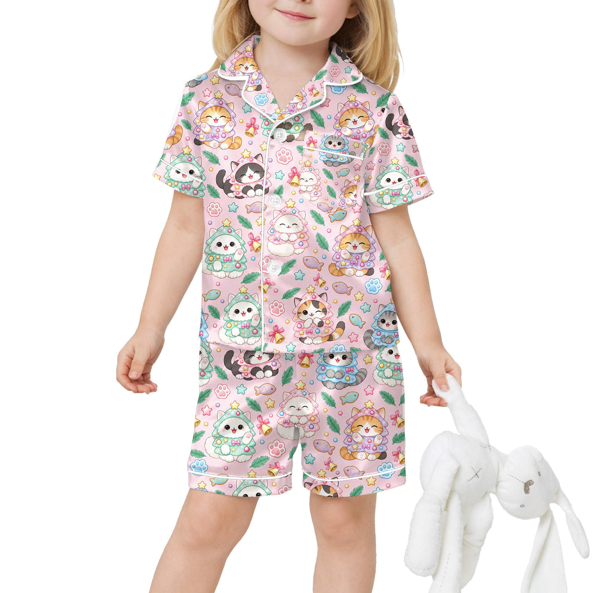 Final lifestyle view showing the comfortable fit of the pink holiday pajama set