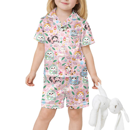 Final lifestyle view showing the comfortable fit of the pink holiday pajama set