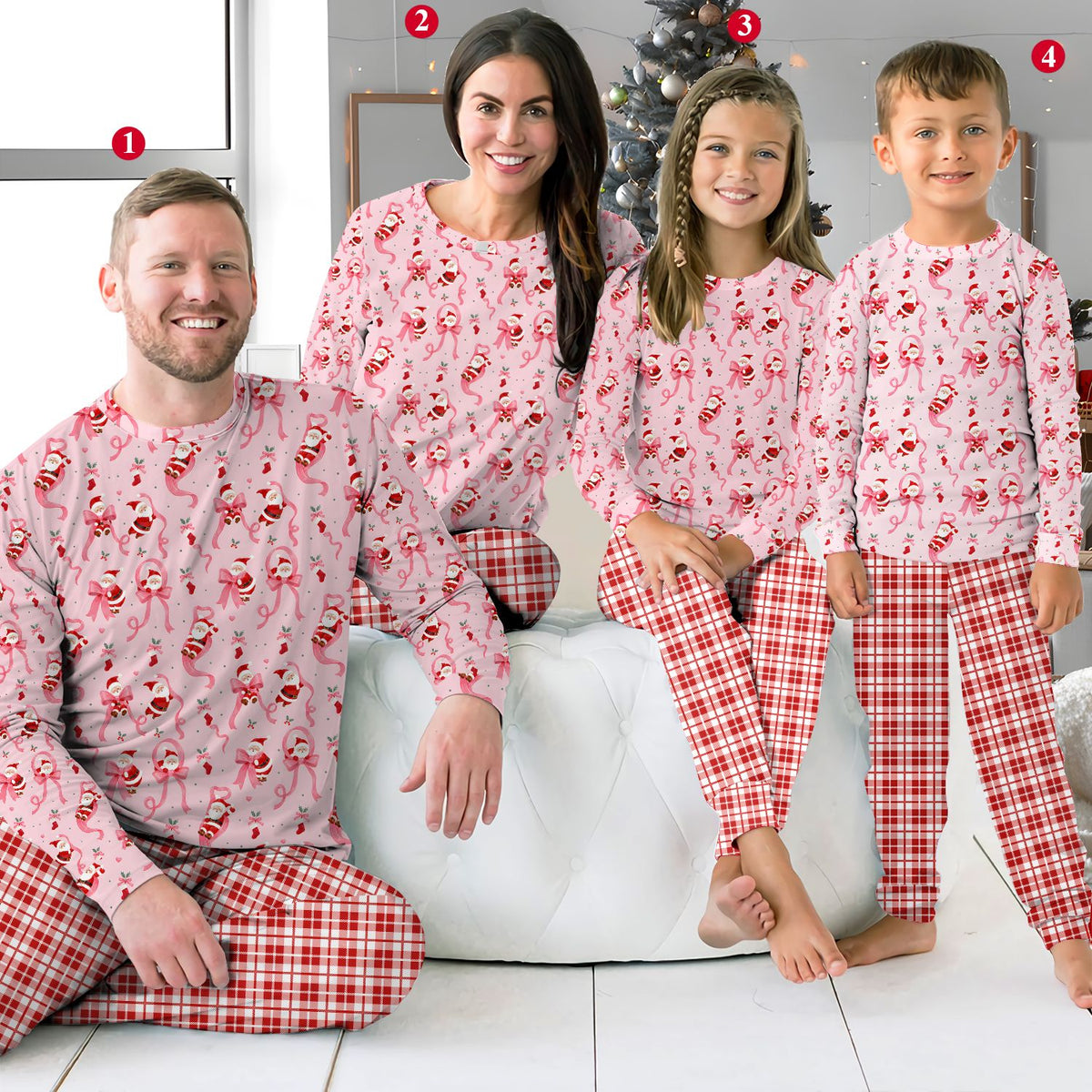 Lifestyle view of a family wearing matching xmas pajamas family sets
