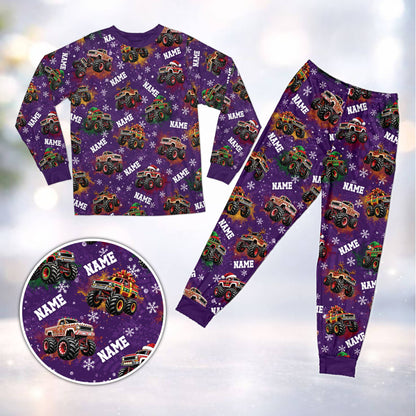 Front view of purple personalized christmas pajama set