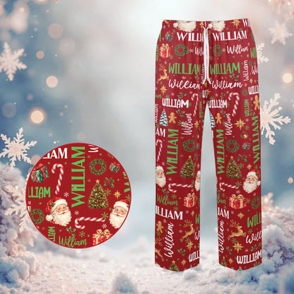 Red matching family christmas pajama set featuring holiday print and custom name, main view