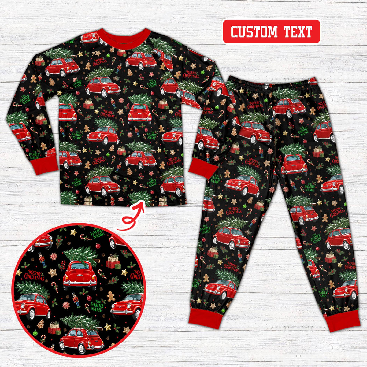 Personalized red christmas pajama set featuring vintage red autos and holiday elements, front view
